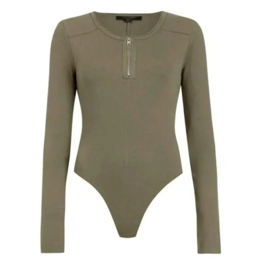 ALLSAINTS Alicia Round Neck 1/4 Zip Long Sleeve Bodysuit Utility Green US 2